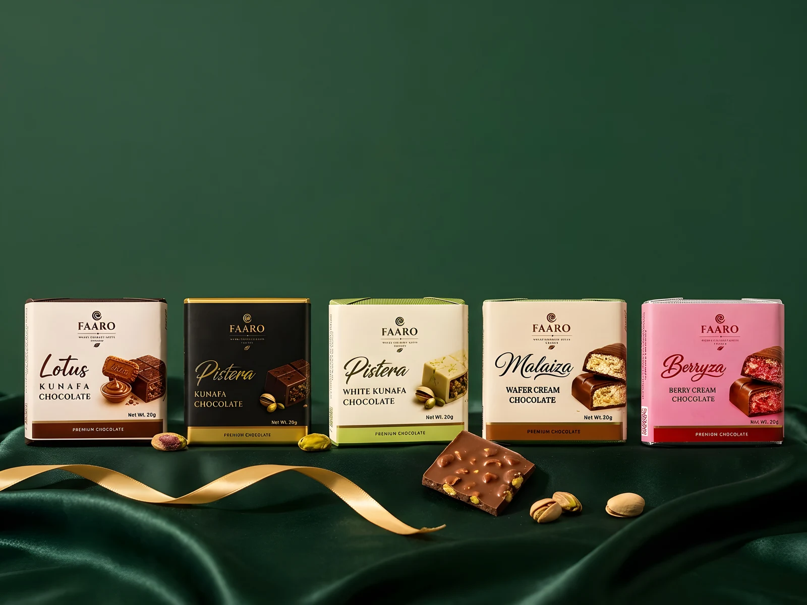 Five Faaro 20g chocolate packs — Lotus, Pistera, white kunafa, Malaiza wafer and Berryza — arranged as a gift set on dark green satin with gold ribbon