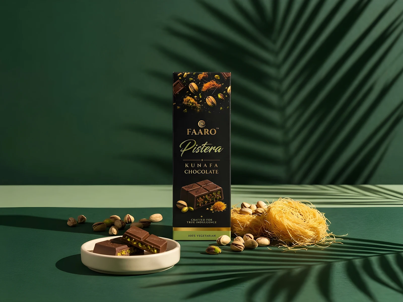 A Faaro Pistera kunafa chocolate bar standing against a deep green backdrop with pistachios and golden kunafa strands scattered around it