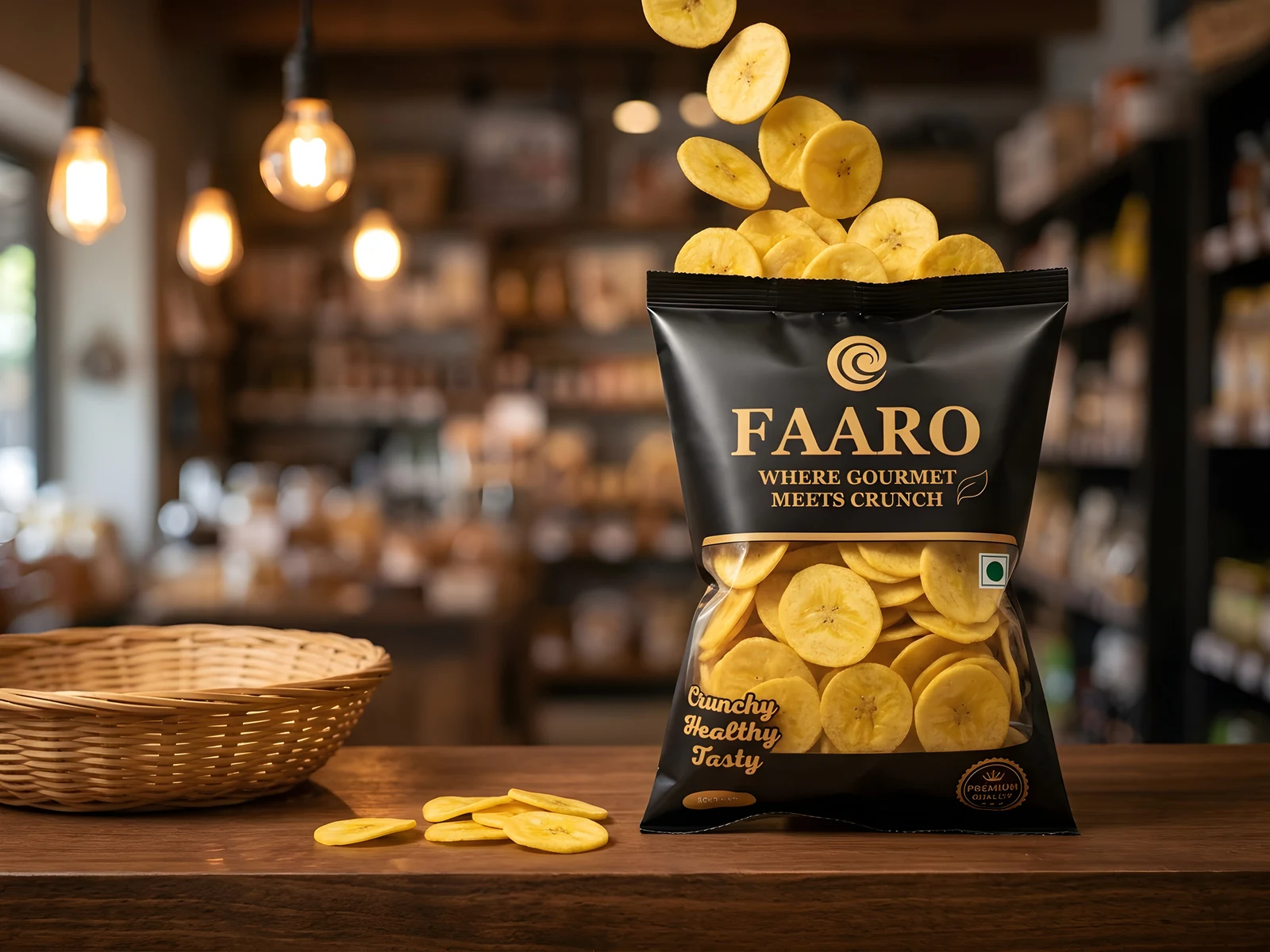 A Faaro banana chips pack on a warm timber shelf in a softly lit independent grocery store, with an empty cane basket and a few golden banana chips beside it